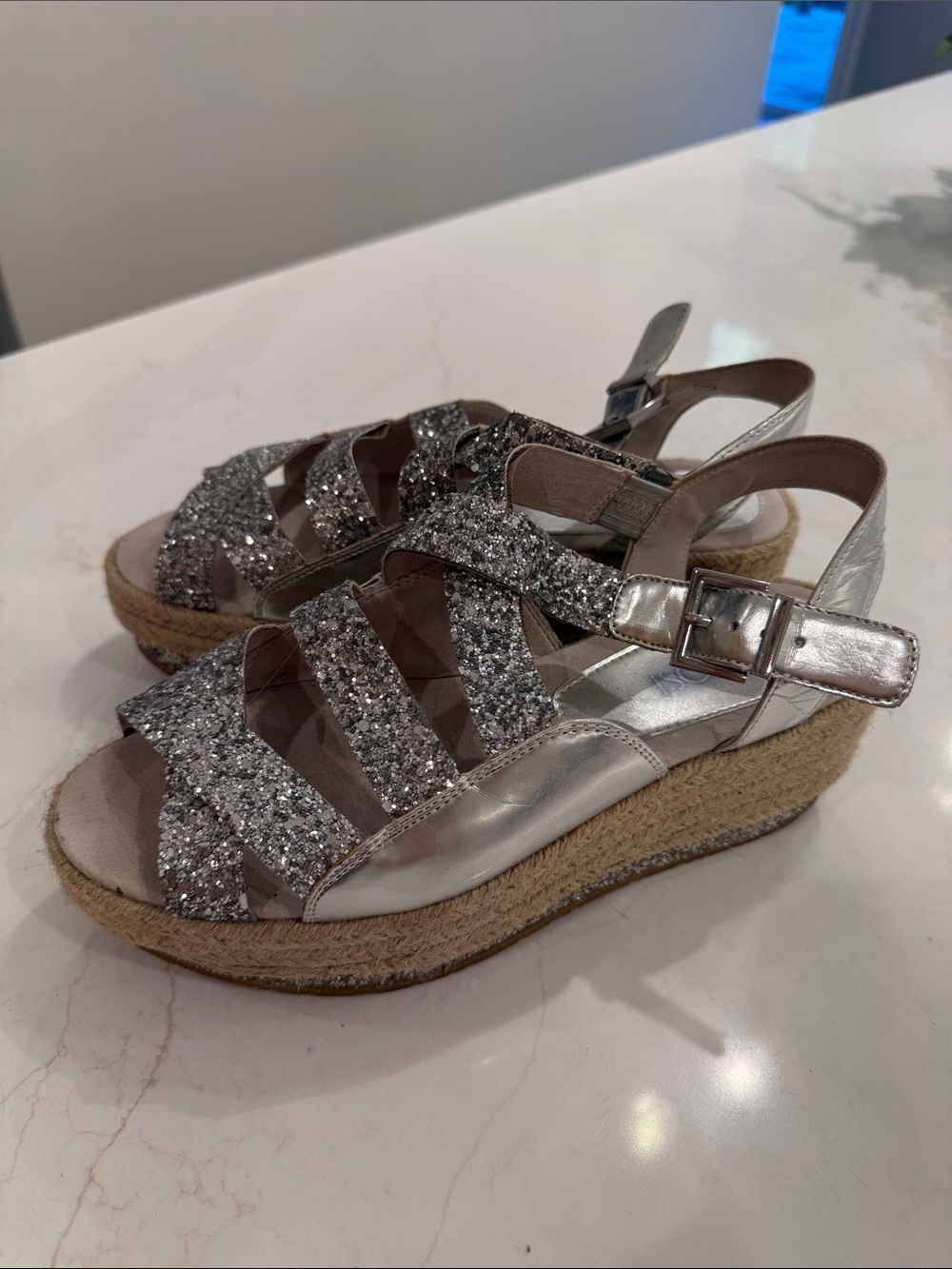 Silver Glitter Espadrille Wedge Sandals - Women